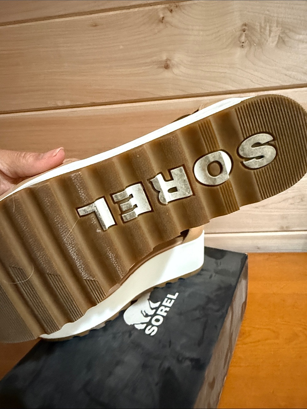 Sorel Tan Platform Sandals with Elastic Ankle Wraps - Picture 2 of 5